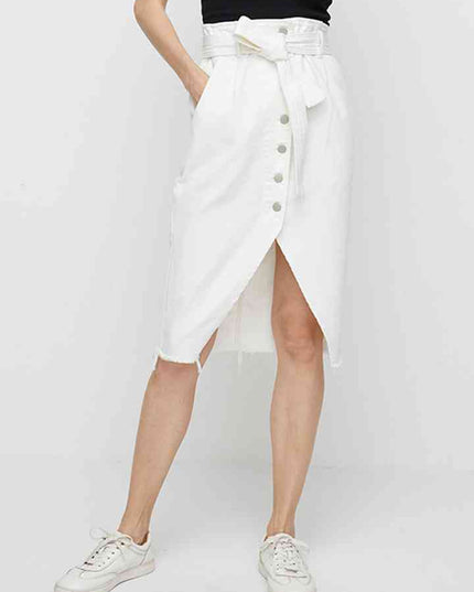Full SizeTie Waist Buttoned Denim Skirt
