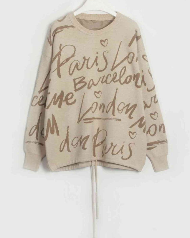 Letter Round Neck Drawstring Sweater