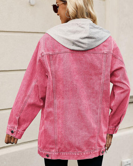 Drawstring Button Up Hooded Denim Jacket