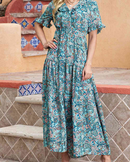 Paisley Print Flounce Sleeve Maxi Dress