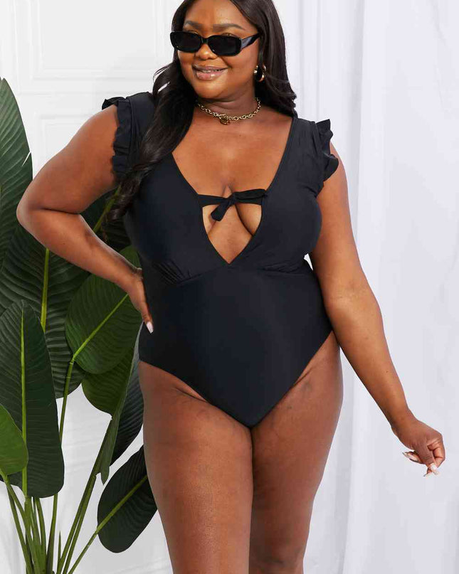 Marina West Swim Seashell Ruffle Sleeve One-Piece in Black