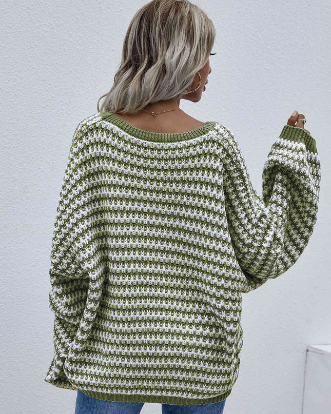 Striped Drop Shoulder V-Neck Pullover Sweater