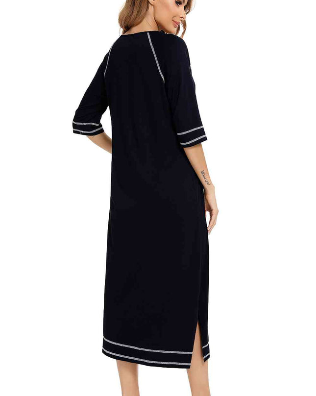 Zip Up Slit Round Neck Night Dress with Pockets