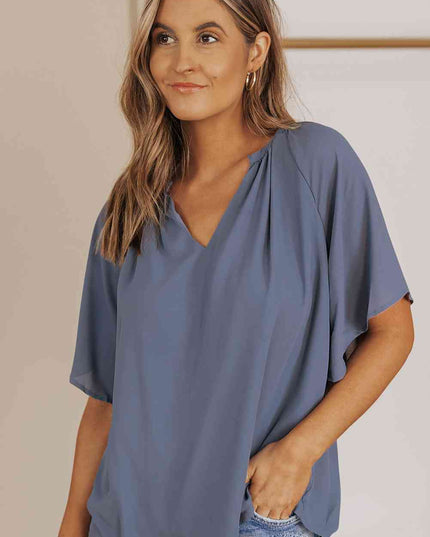 Gathered Detail Notched Neck Flutter Sleeve Top