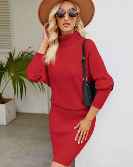 Turtle Neck Long Sleeve Ribbed Sweater Dress