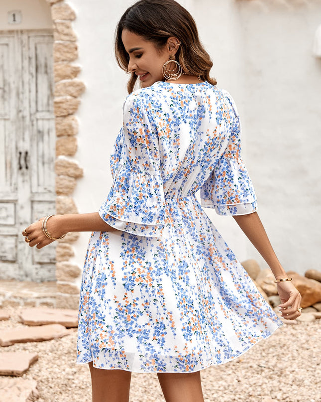 Floral Notched Neck Flounce Sleeve Dress