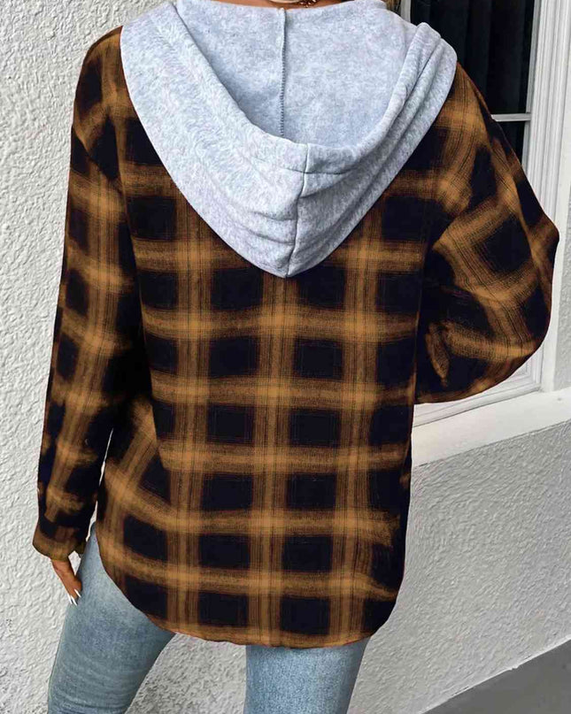 Plaid Drawstring Button Up Hooded Jacket
