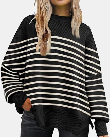 Round Neck Drop Shoulder Slit Sweater