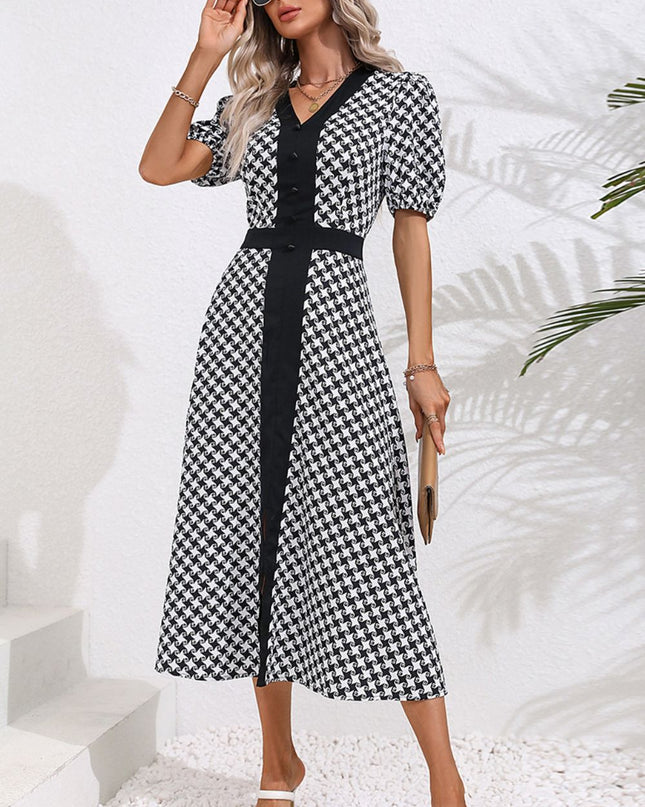 Printed Decorative Button V-Neck Slit Dress