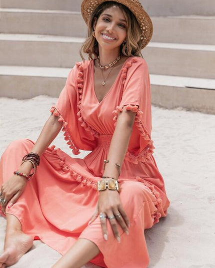 Tassel Trim Smocked V-Neck Short Sleeve Dress