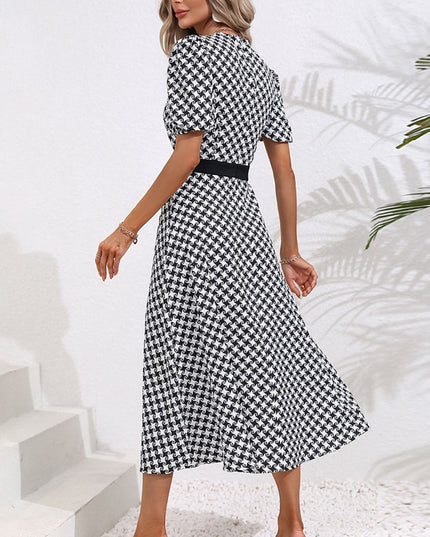 Printed Decorative Button V-Neck Slit Dress