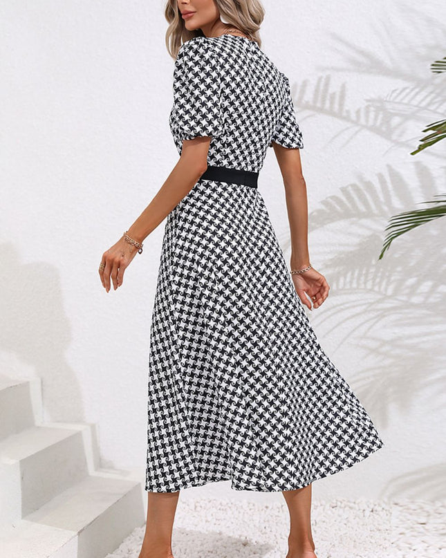 Printed Decorative Button V-Neck Slit Dress