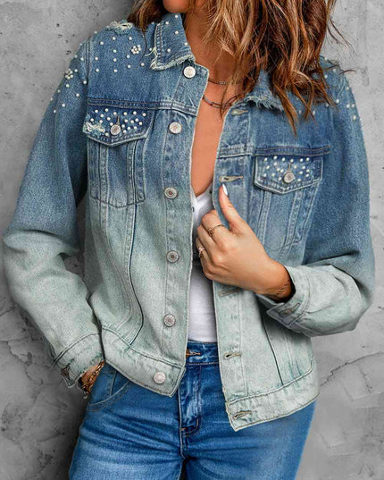 Pearl Detail Distressed Button Up Denim Jacket