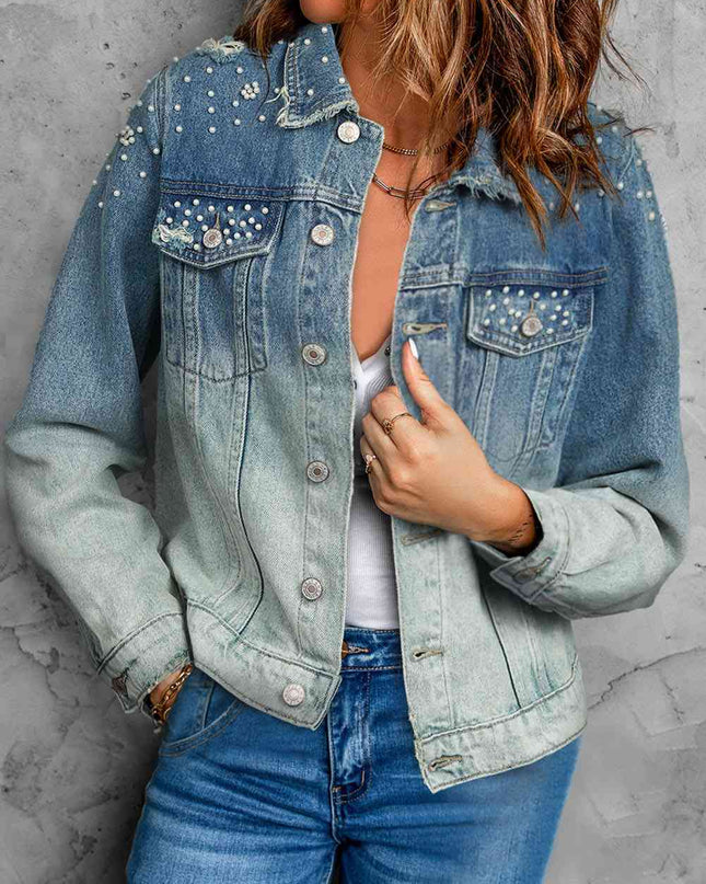 Pearl Detail Distressed Button Up Denim Jacket