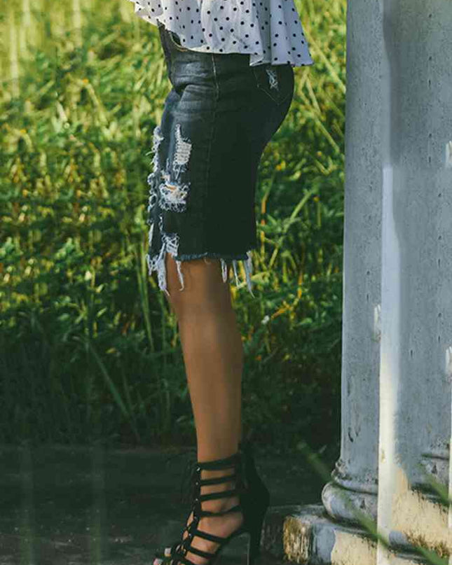Full Size Distressed Slit Denim Skirt