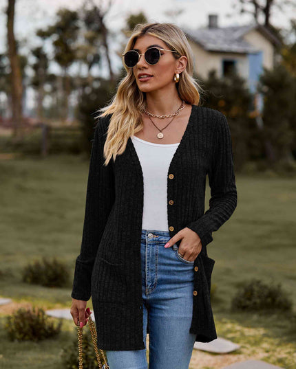 Ribbed Button-Up Cardigan with Pockets
