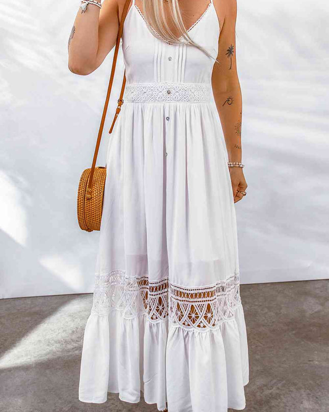 Buttoned Spliced Lace Spaghetti Strap Maxi Dress