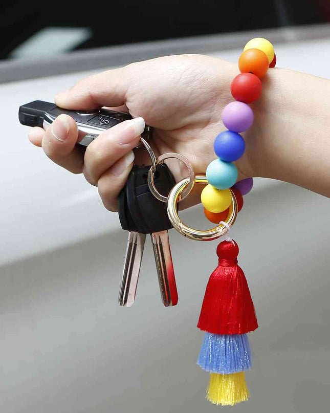 Silica Gel Bead Wristlet Keychain with Layered Tassels