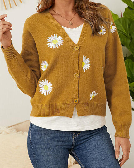 Flower Button Front Dropped Shoulder Cardigan