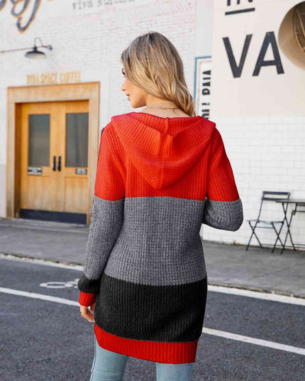Color Block Open Front Hooded Cardigan