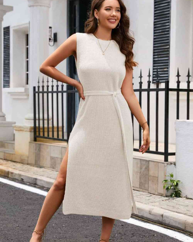 Round Neck Tie Belt Slit Sleeveless Sweater Dress