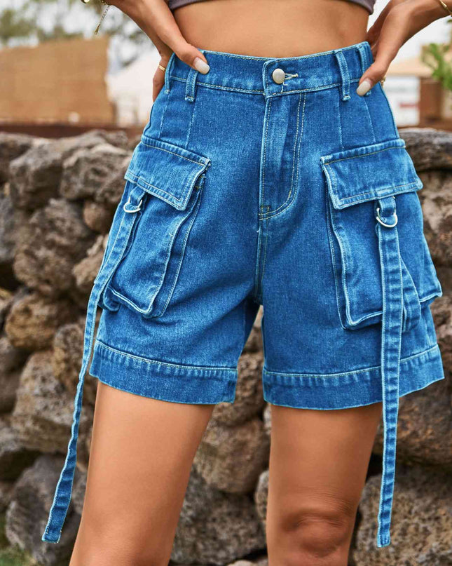 High Waist Denim Cargo Shorts