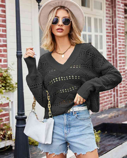 V-Neck Openwork Long Sleeve Sweater