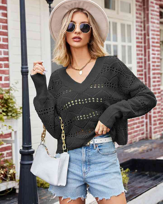 V-Neck Openwork Long Sleeve Sweater