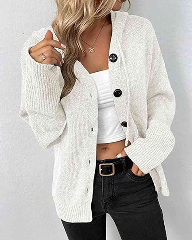 Button Up Drawstring Long Sleeve Hooded Cardigan