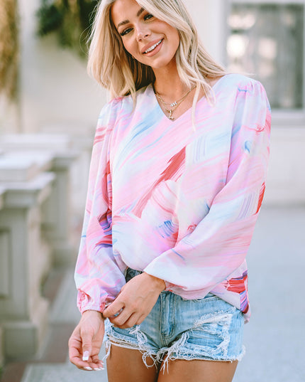 Printed V-Neck Puff Sleeve Blouse