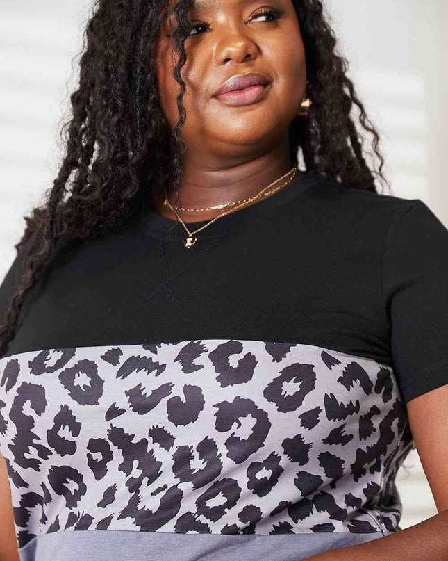 Double Take Leopard Print Color Block Short Sleeve T-Shirt