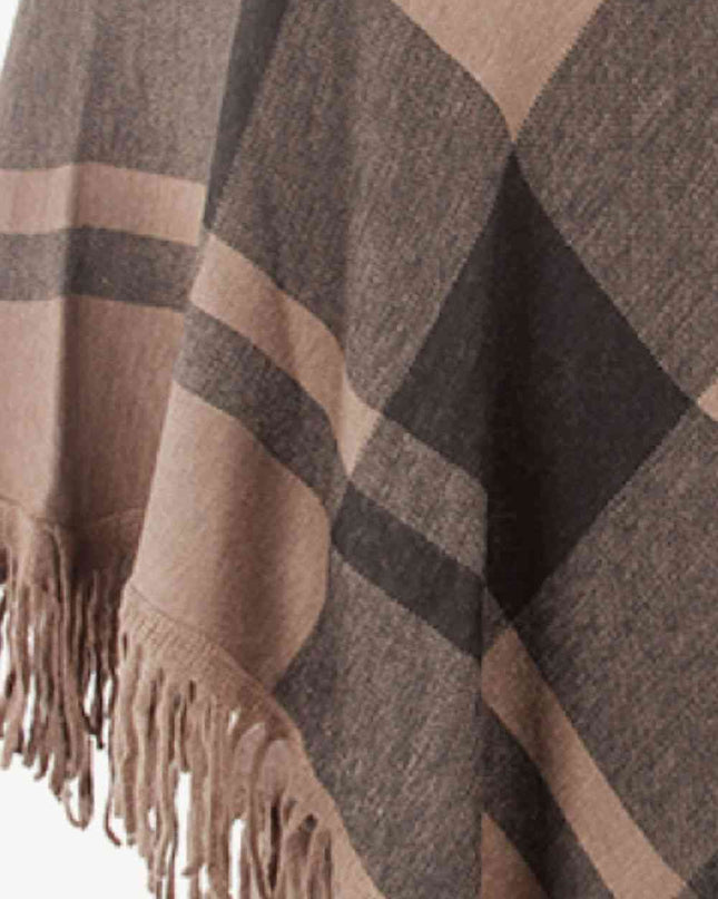 Plaid Turtleneck Fringe Hem Poncho