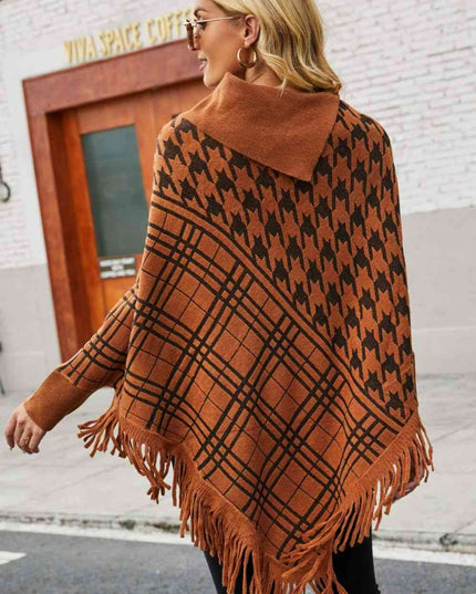 Houndstooth Turtleneck Fringe Hem Poncho