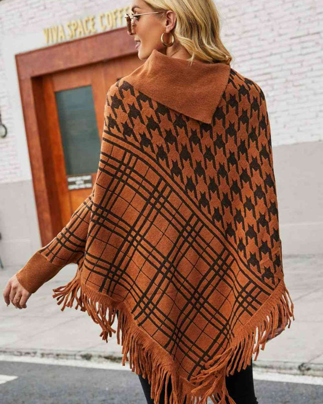 Houndstooth Turtleneck Fringe Hem Poncho