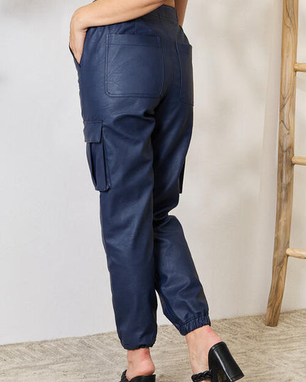 Kancan High Waist Faux Leather Cargo Joggers
