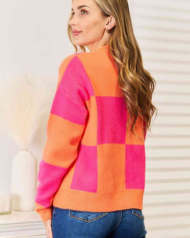 Woven Right Checkered V-Neck Dropped Shoulder Cardigan