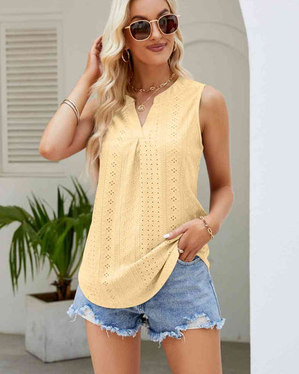 Notched Neck Curved Hem Eyelet Tank