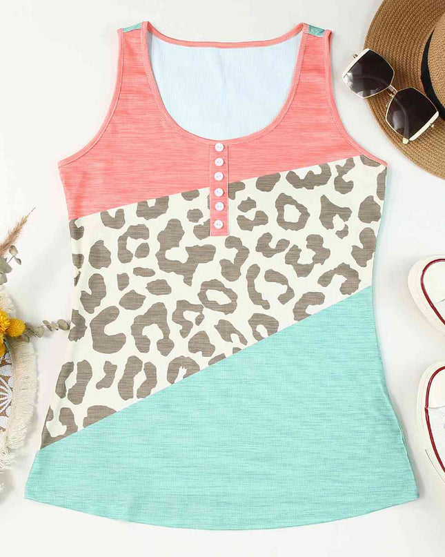 Leopard Color Block Decorative Button Tank