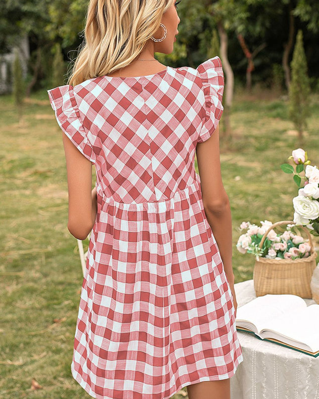 Plaid Butterfly Sleeve Deep V Dress