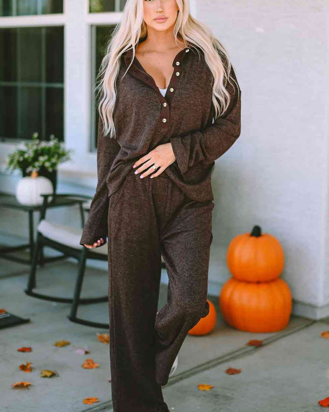 Buttoned Long Sleeve Top and Long Pants Lounge Set