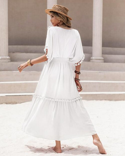 Tassel Trim Smocked V-Neck Short Sleeve Dress
