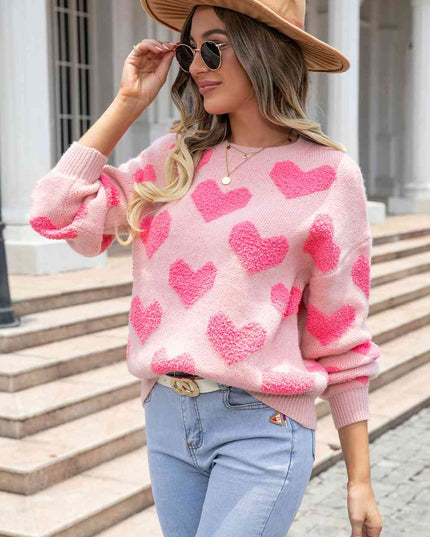 Round Neck Dropped Shoulder Sweater with Heart Pattern