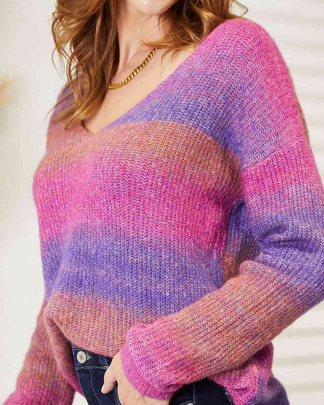 Double Take Multicolored Rib-Knit V-Neck Knit Pullover