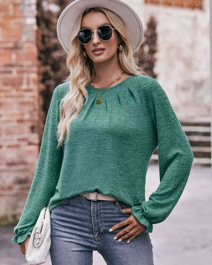 Double Take Long Flounce Sleeve Round Neck Blouse
