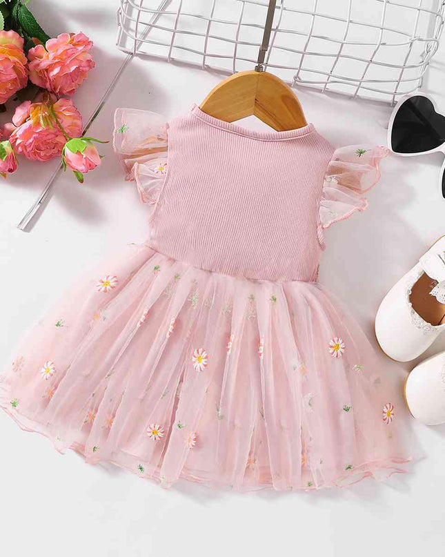 Embroidered Round Neck Flutter Sleeve Dress
