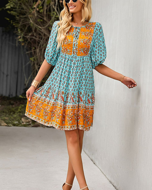 Bohemian Tie Neck Balloon Sleeve Dress