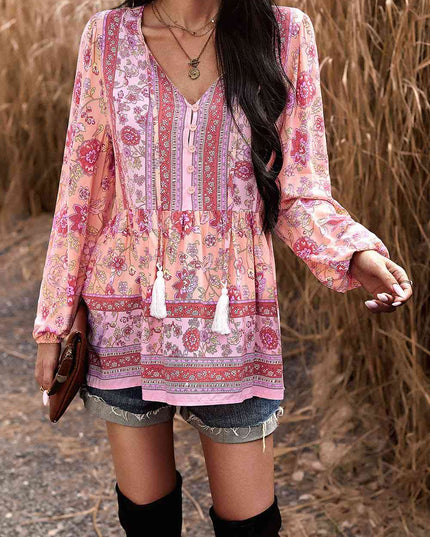 Tassel Tie Long Sleeve Peplum Blouse
