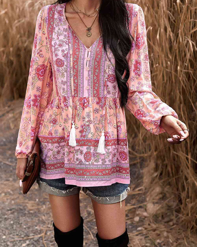 Tassel Tie Long Sleeve Peplum Blouse