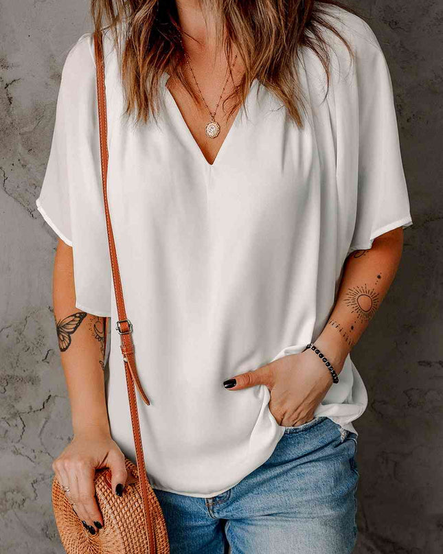 Gathered Detail Notched Neck Flutter Sleeve Top