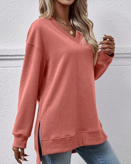 V-Neck Slit Long Sleeve Sweatshirt